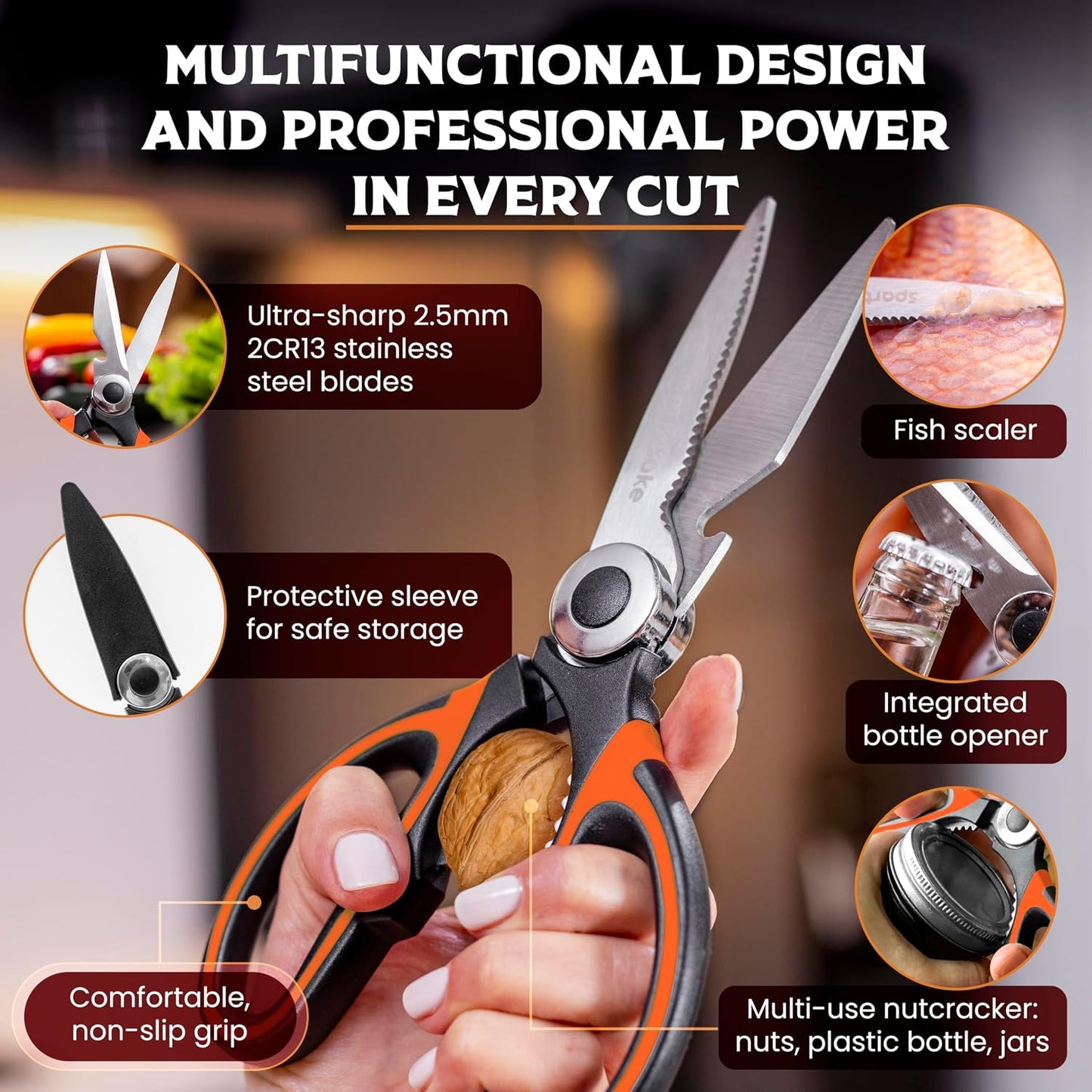 SpartaSake Premium Stainless Steel All Purpose Kitchen Shears with Sleeve - Heavy Duty Ultra Sharp kitchen Scissors for Food - Multipurpose Food Scissors for Meat Poultry Vegetable (Black-White)