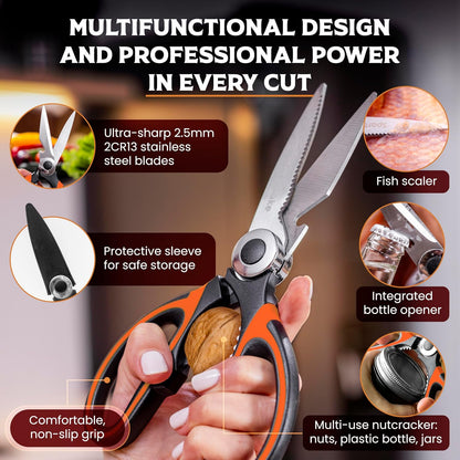 SpartaSake Premium Stainless Steel All Purpose Kitchen Shears with Sleeve - Heavy Duty Ultra Sharp kitchen Scissors for Food - Multipurpose Food Scissors for Meat Poultry Vegetable (Black-White)