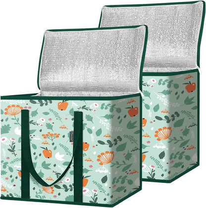 BALEINE 2Pk Insulated Reusable Grocery Bags, Collapsible Cooler Bag for Groceries, Heavy Duty Large Insulated Bag (16''x9''x13'', Antique Foliage)