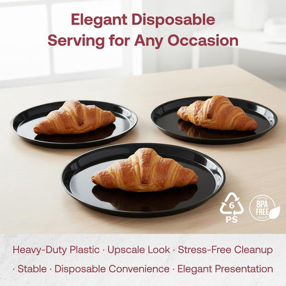 Smarty Had A Party 12 Inch Black Round Plastic Serving Tray – Heavy-Duty Party Platters & Catering Trays, Reusable or Disposable Plastic Trays for Serving Food, Elegant Party Tray Set of 25