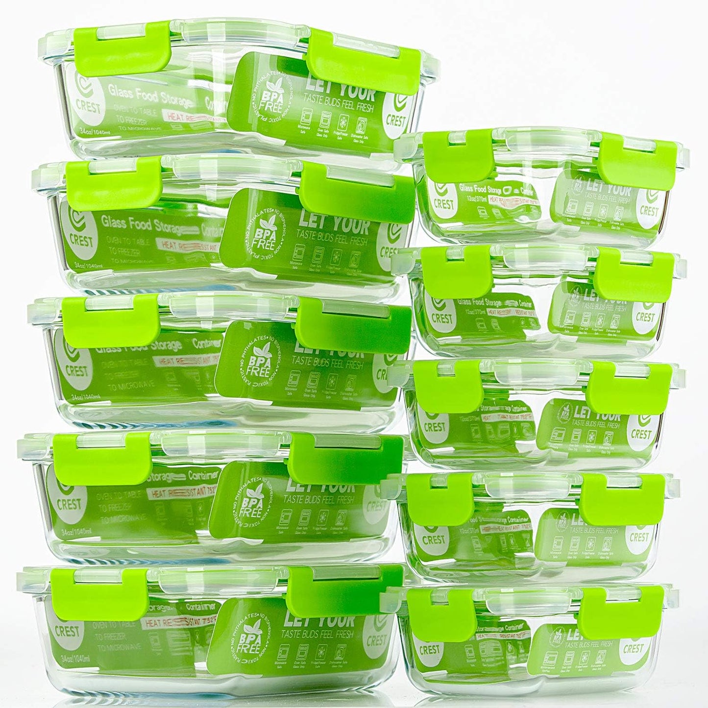 C CREST [10 Pack] Glass Meal Prep Containers, Food Storage Containers with Lids Airtight, Glass Lunch Boxes, Microwave, Oven, Freezer and Dishwasher Safe