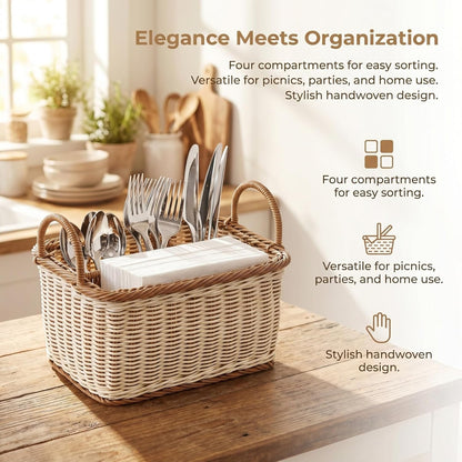 Cabilock Silverware Caddy Woven Basket Cutlery Holder, Napkin and Utensil Picnic Basket Silverware Organizer Utensil Holder for Kitchen Countertop with Handle