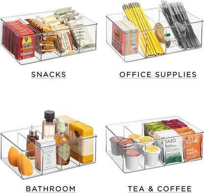 Sorbus Storage Bins with Dividers - Clear Plastic Organizer - Store Tea Bags, Spices, Seasonings, Drink Packets, Oatmeal - Snack Storage & Display Containers for Kitchen & Pantry (4 Pack)