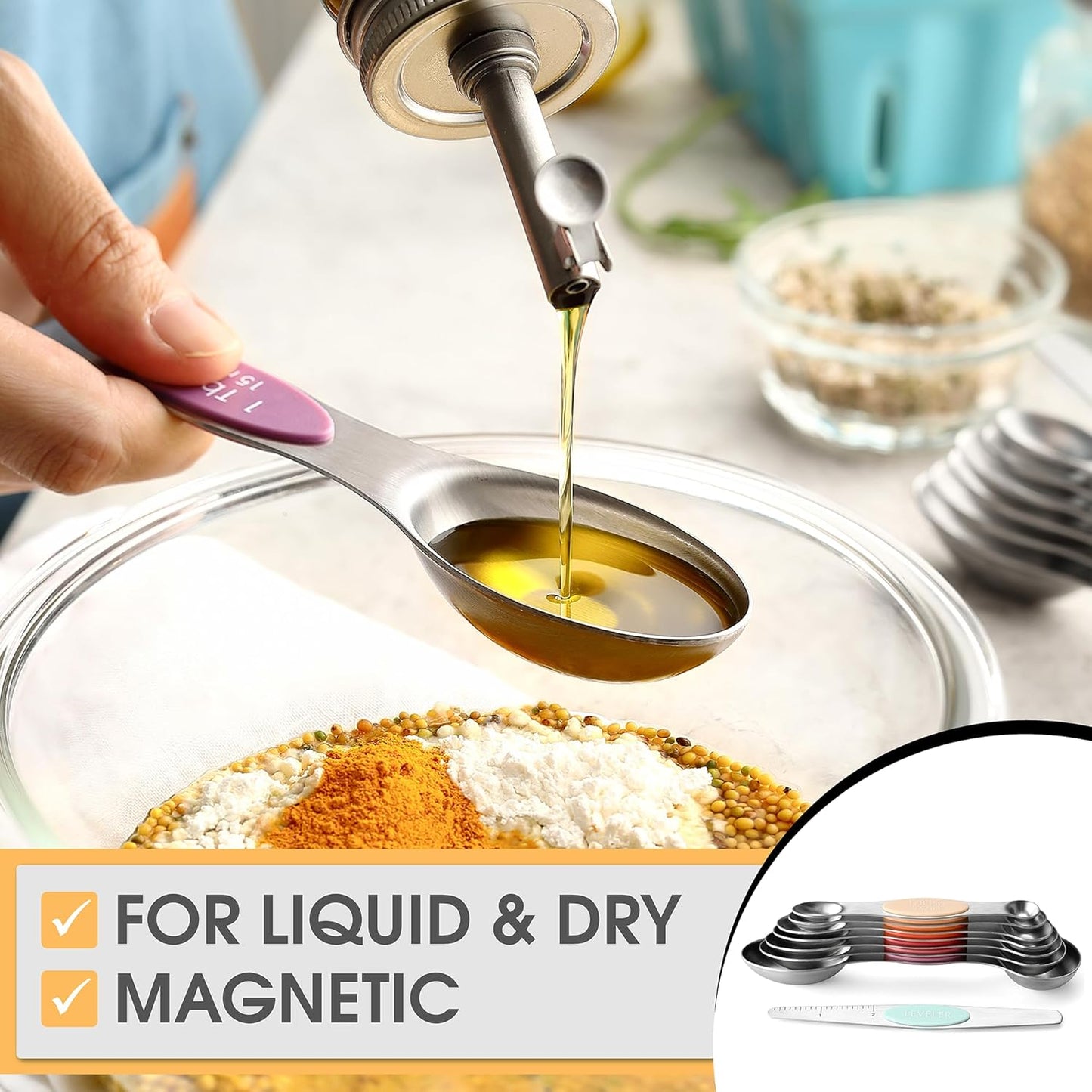 Spring Chef Stainless Steel Magnetic Measuring Spoons Set with Strong N45 Magnets, Heavy Duty Metal Kitchen Gadgets for Baking & Cooking, Fits in Most Kitchen Spice Jars, Set of 8 with Leveler, Black