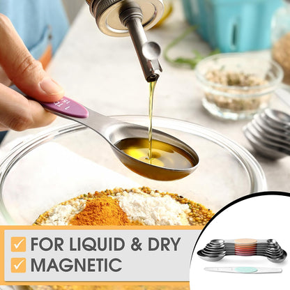 Spring Chef Stainless Steel Magnetic Measuring Spoons Set with Strong N45 Magnets, Heavy Duty Metal Kitchen Gadgets for Baking & Cooking, Fits in Most Kitchen Spice Jars, Set of 8 with Leveler, Black