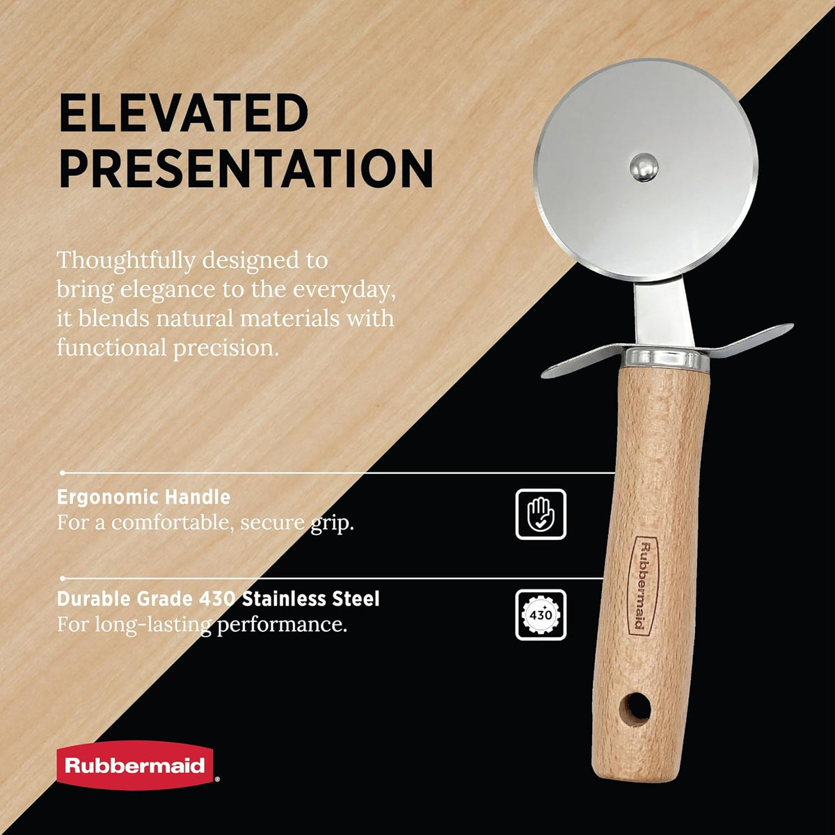 Rubbermaid Beechwood Pizza Cutter Wheel, Heavy Duty Sharp Pizza Slicer for Pizza, Dough, Pie Crust, Pastries | Stainless Steel Blade with Built In Finger Guard | Beechwood & Stainless Steel Collection
