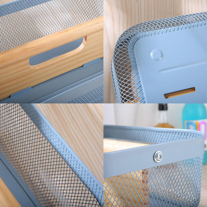 AJIODA Metal Mesh Steel Storage Basket, Garden Harvest Wire Organizer Basket Multi-functional Kitchen Fruit Basket with Wooden Removable Partition & Handle for Bathroom Picnic Decor Cabinet, Grey