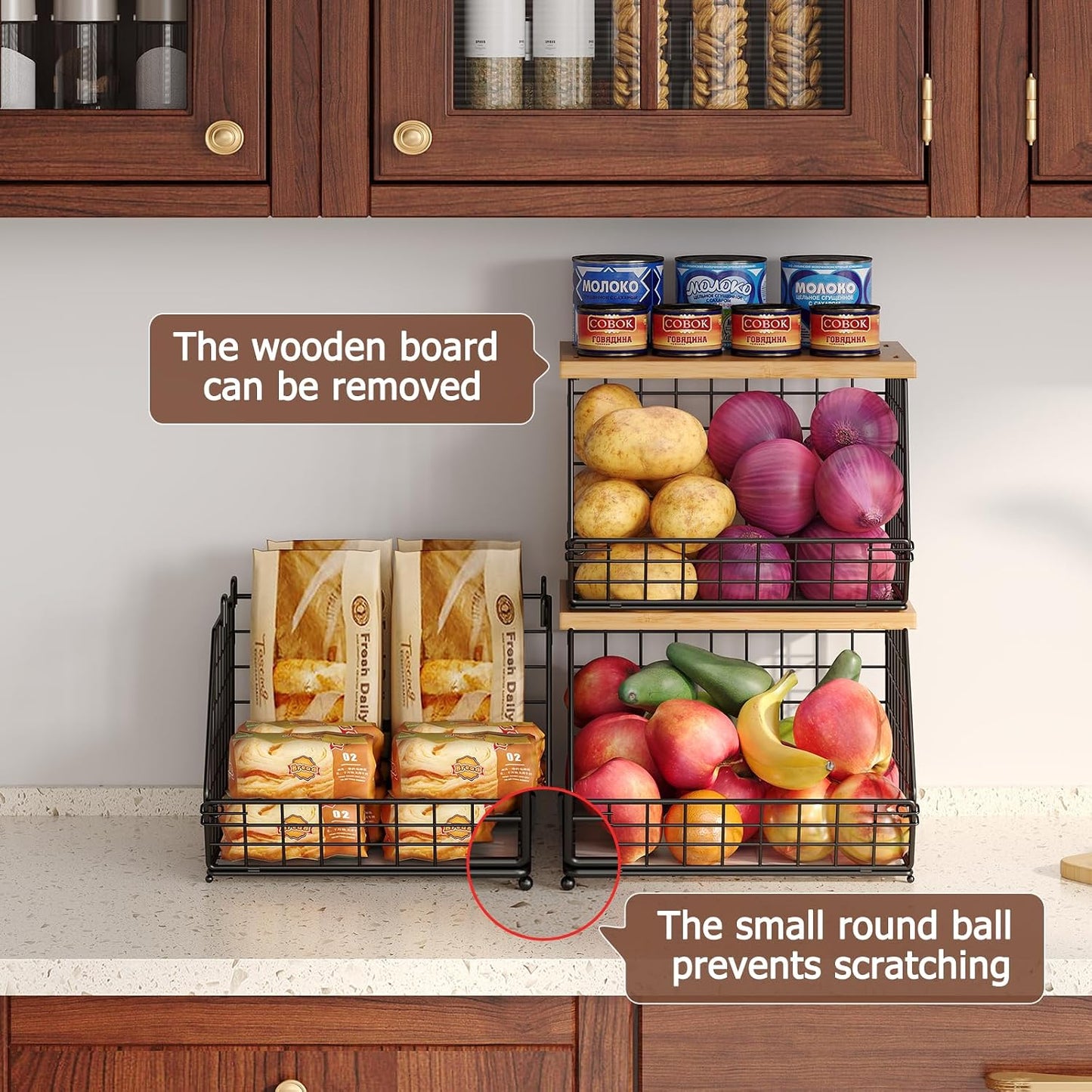 3 Pack Extra Large Fruit Basket for Kitchen with Wood Lid Nameplate - Counter&Wall Mounted Onion and Potato Storage Bin, Stackable Metal Hanging Wire Baskets,15.74 * 8.66 * 10.63 inch