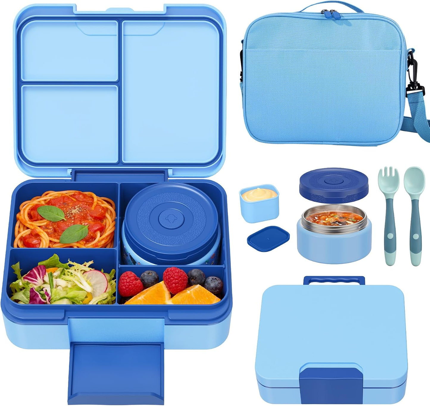 Kids Bento Lunch Box Set with 9.5oz Soup Thermo, Leak-Proof Lunch Food Containers with 3 Compartment and Removable Inner Tray, Insulated Hot Food Jar with Lunch Bag for School, Office, Sea Blue