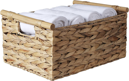 Water Hyacinth Woven Storage Basket, Rectangular Wicker Basket with Handle | Wooden Handle, Natural Water Hyacinth, Handwoven, Living room, bedroom, bathroom, shelf, utility room, towels, magazines