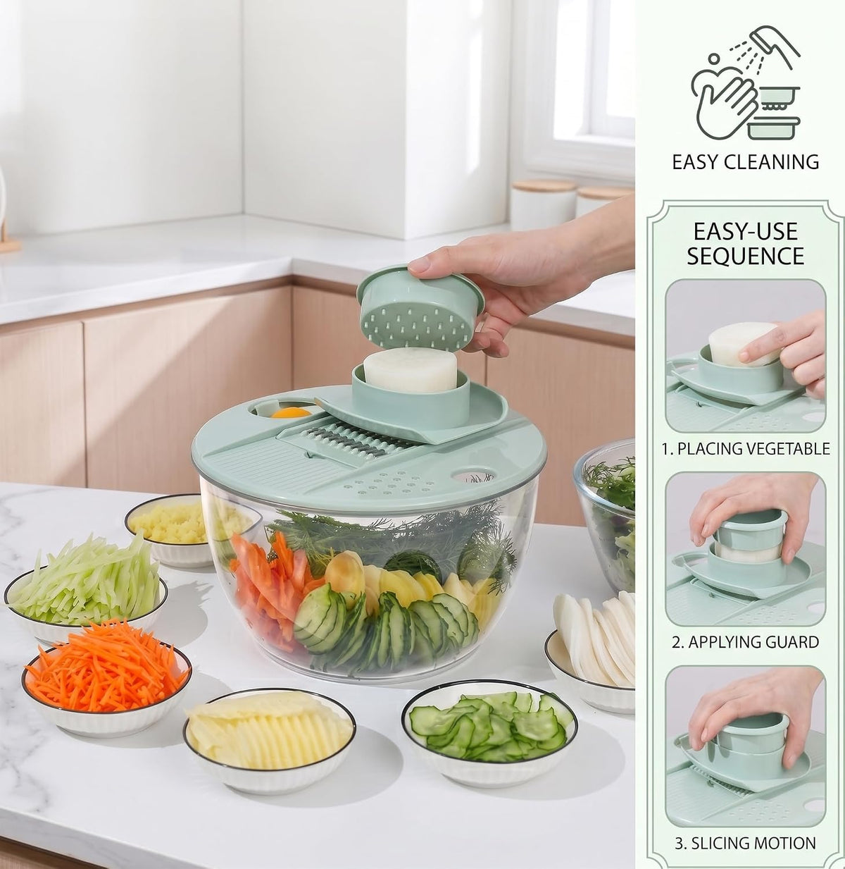 Salad Spinner Large, Lettuce Spinner with 5 Blade Slicer, 5.5 Qt Vegetable Wash Bowl, Fruits & Herb Lettuce Dryer with Egg Yolk Strainer for Efficient Salad Preparation and Food Washing