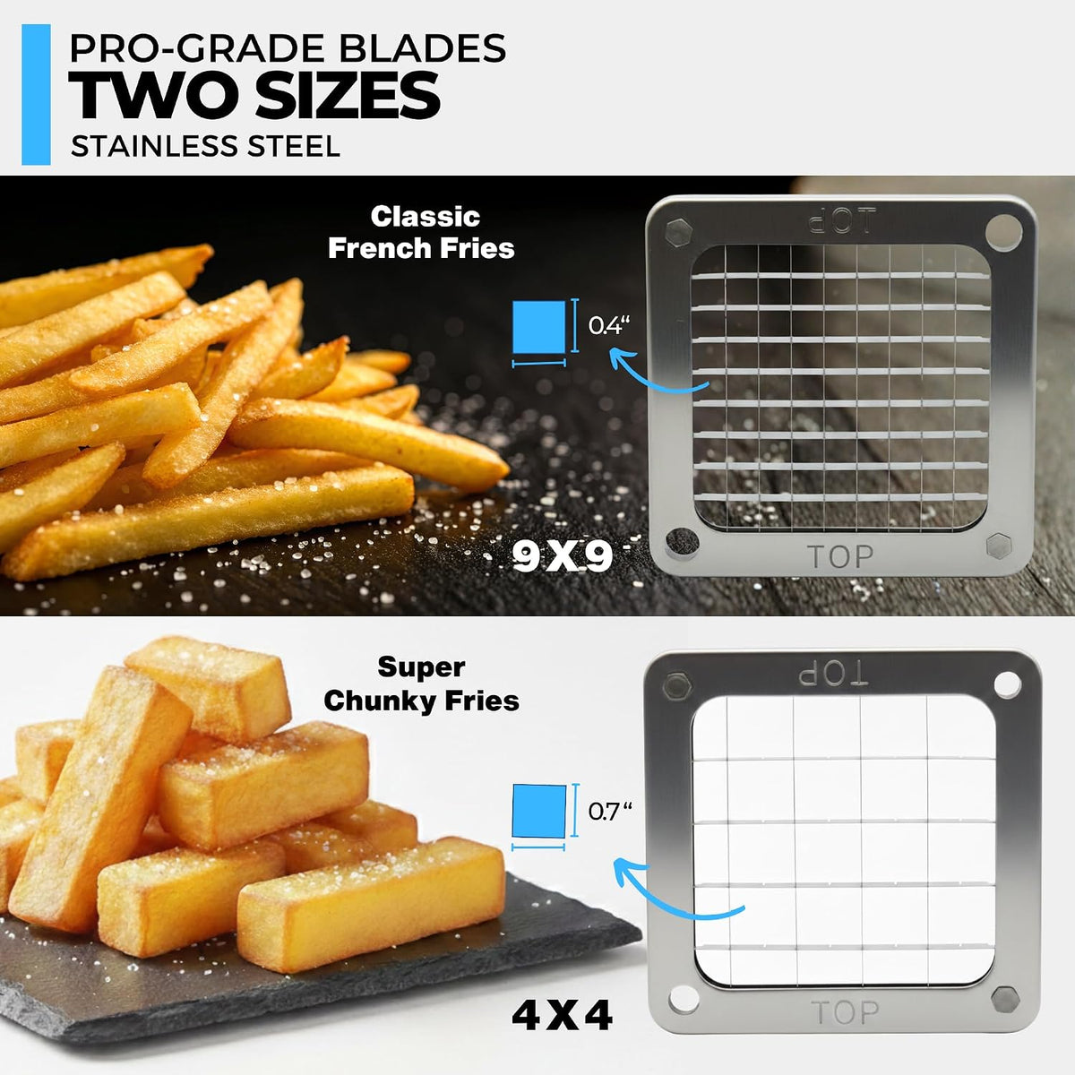 2-Blade French Fry Cutter - Stainless Steel Potato Slicer, Non-Slip Suction