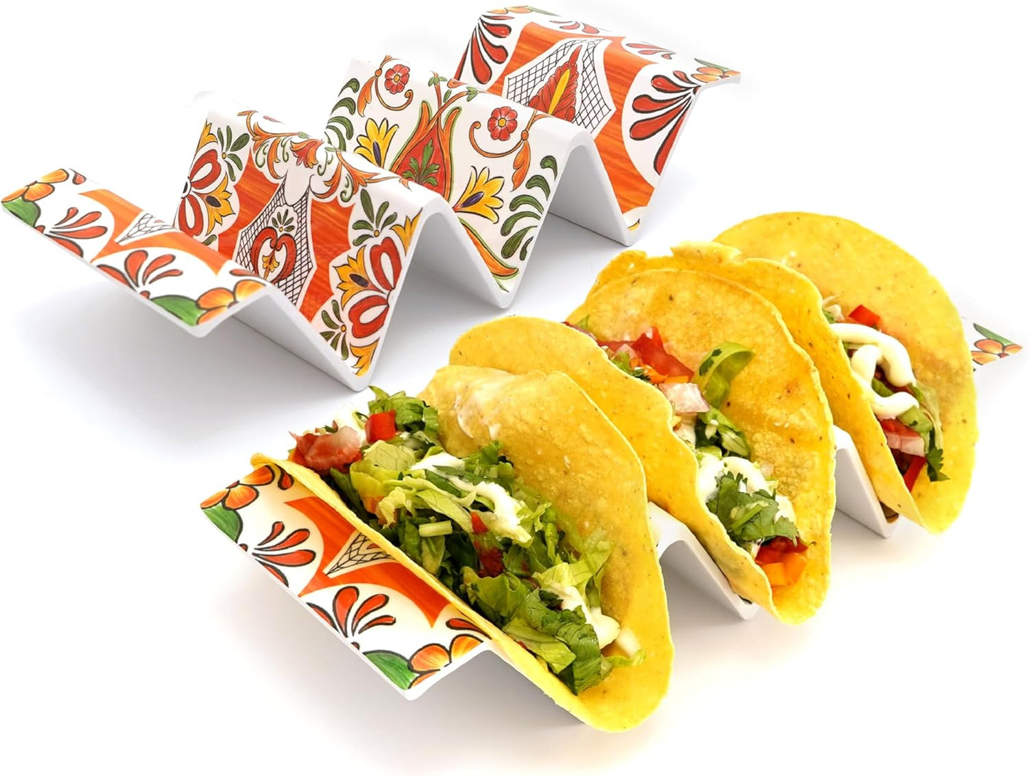 TP Taco Holder Stands, Set of 2 Melamine Large Taco Serving Rack Tray with Handle, Holds 3 Tacos, Dishwasher Safe, Ideal for Taco Night, Party, Home, Fiesta, Talavera Tile