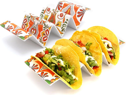 TP Taco Holder Stands, Set of 2 Melamine Large Taco Serving Rack Tray with Handle, Holds 3 Tacos, Dishwasher Safe, Ideal for Taco Night, Party, Home, Fiesta, Talavera Tile