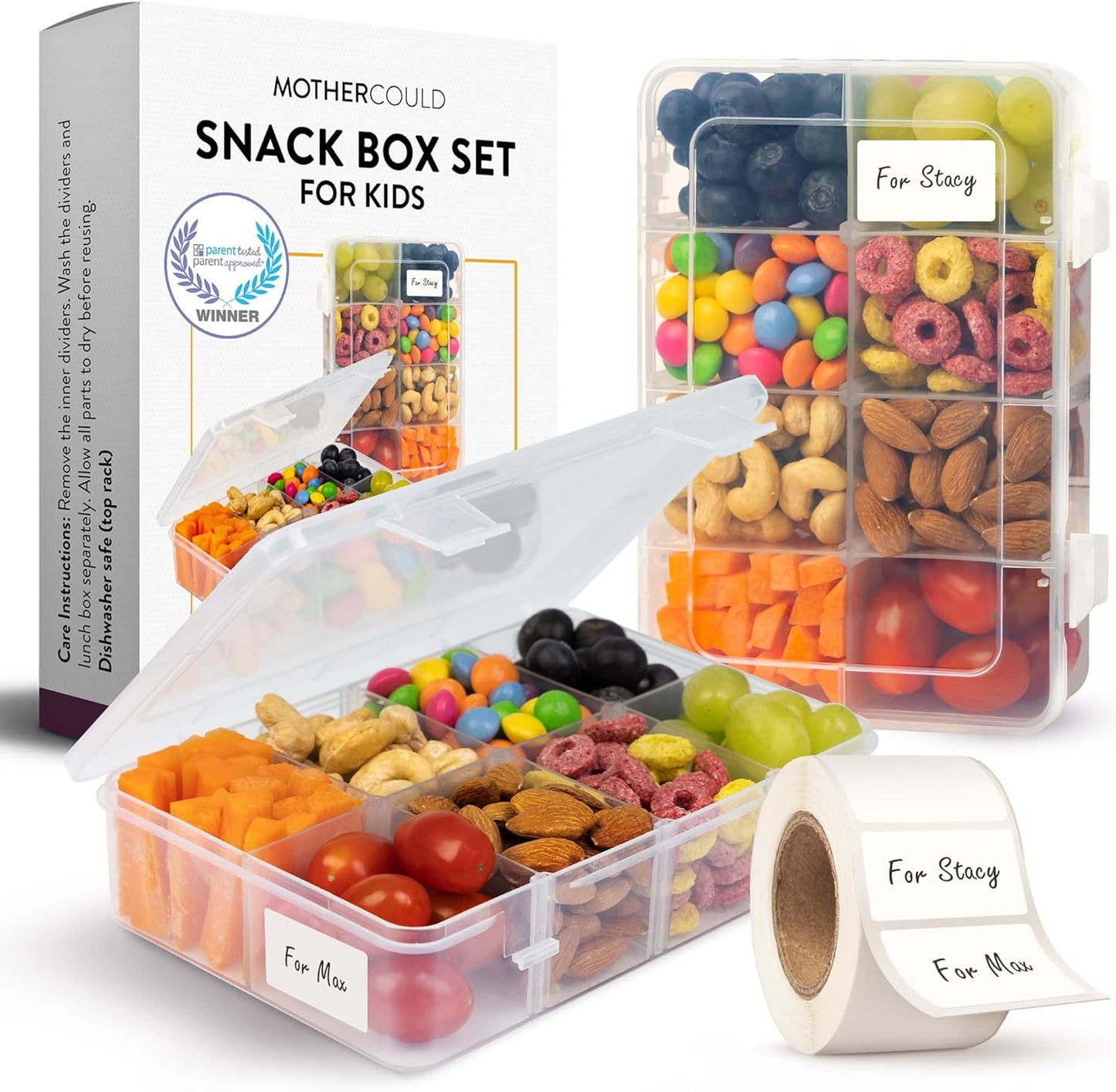 Large Kids Snack Box Containers Set of 2 -100 Labels, BPA-Free, Adjustable Compartments, Dishwasher Safe, Reusable Tray, Food Grade, Meal Prep Container, PARENT TESTED PARENT APPROVED AWARD (Clear)