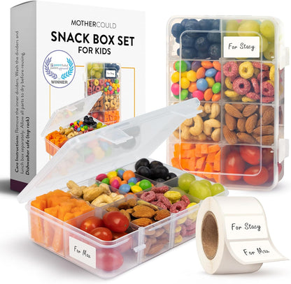 Large Kids Snack Box Containers Set of 2 -100 Labels, BPA-Free, Adjustable Compartments, Dishwasher Safe, Reusable Tray, Food Grade, Meal Prep Container, PARENT TESTED PARENT APPROVED AWARD (Clear)