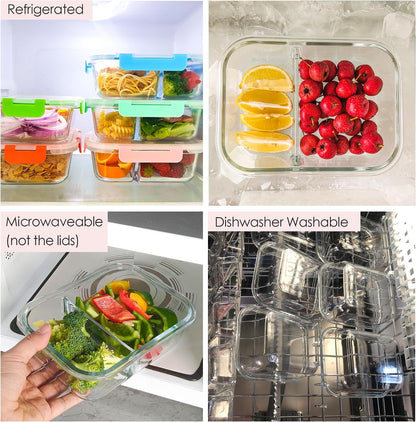 5-Pack,3 Compartment Glass Meal Prep Containers Set,34oz, Divided Food Storage Containers with Lids, Glass Lunch Box with 3 Dividers