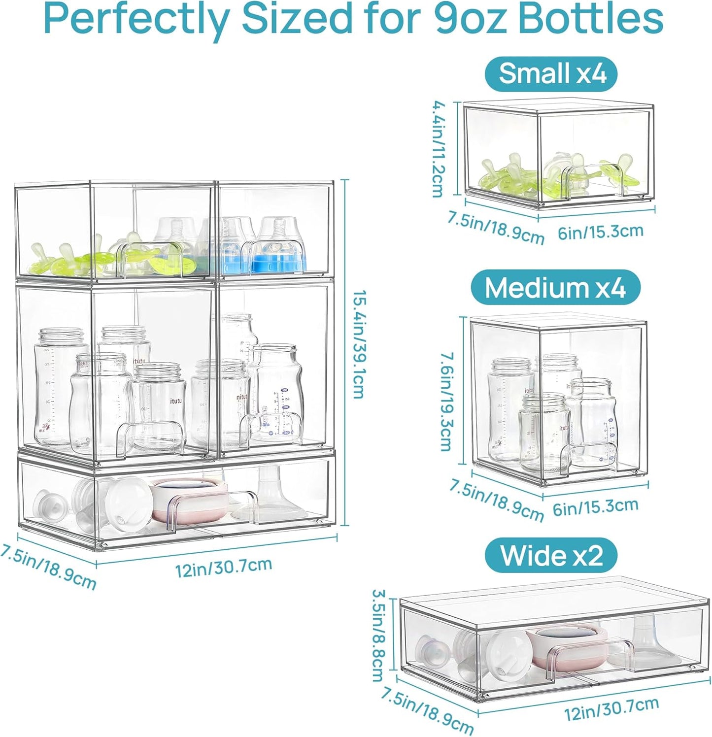Vtopmart Stackable Storage Drawers Set of 5, Clear Plastic Organizer Bins for Baby Bottle, Beauty Supplies Storage, Ideal for Kichen Countertop, Vanity, Bathroom, Cabinet, Pantry Organization