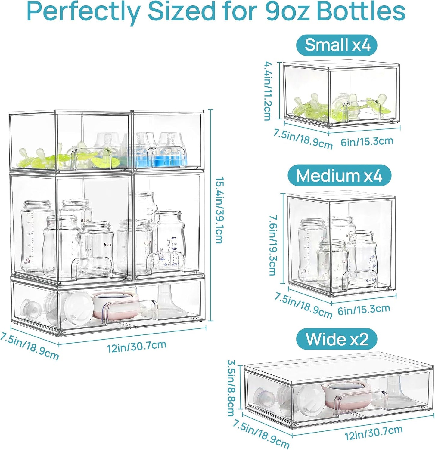 Vtopmart Stackable Storage Drawers Set of 5, Clear Plastic Organizer Bins for Baby Bottle, Beauty Supplies Storage, Ideal for Kichen Countertop, Vanity, Bathroom, Cabinet, Pantry Organization