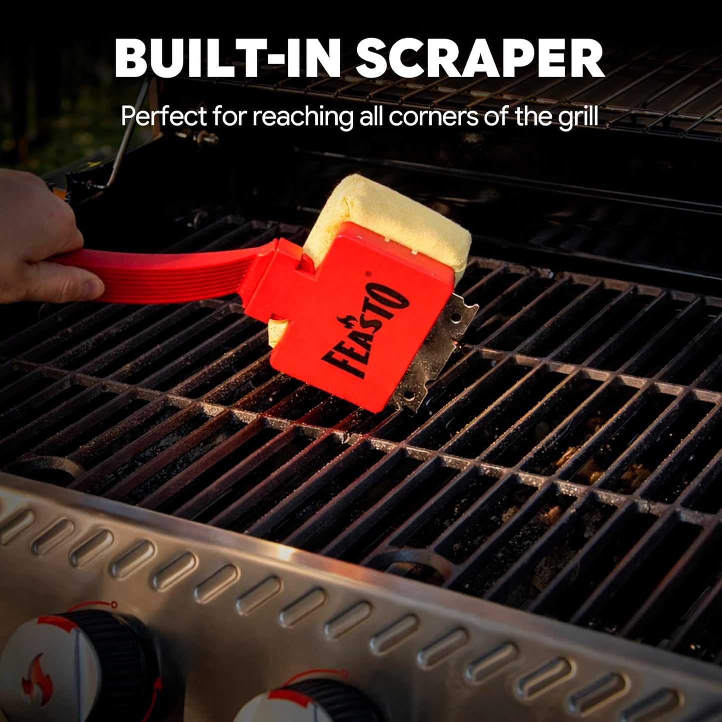 Feasto Bristle Free Grill Brush with Scraper for Outdoor Grills, Reinforced Steam BBQ Cleaning Brush with Replaceable Cleaning Head, Safe Grill Cleaner for Cast Iron & Stainless Steel Grates, Red