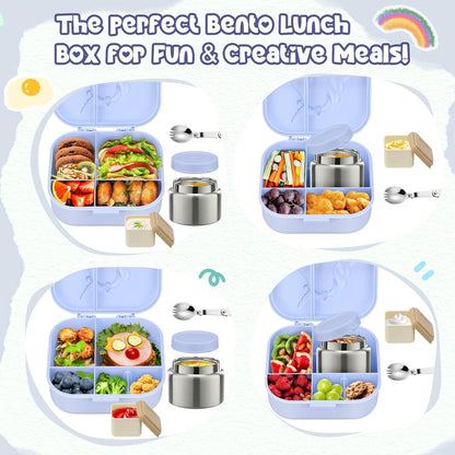 Aimsnk Magical Dinosaur Kids Lunch Box Set -12oz Insulated Food Jar, Leakproof Lunch Food Containers Cutlery, Leak-Proof Sauce Cup & Spoon, Gradient Green+Jar Green