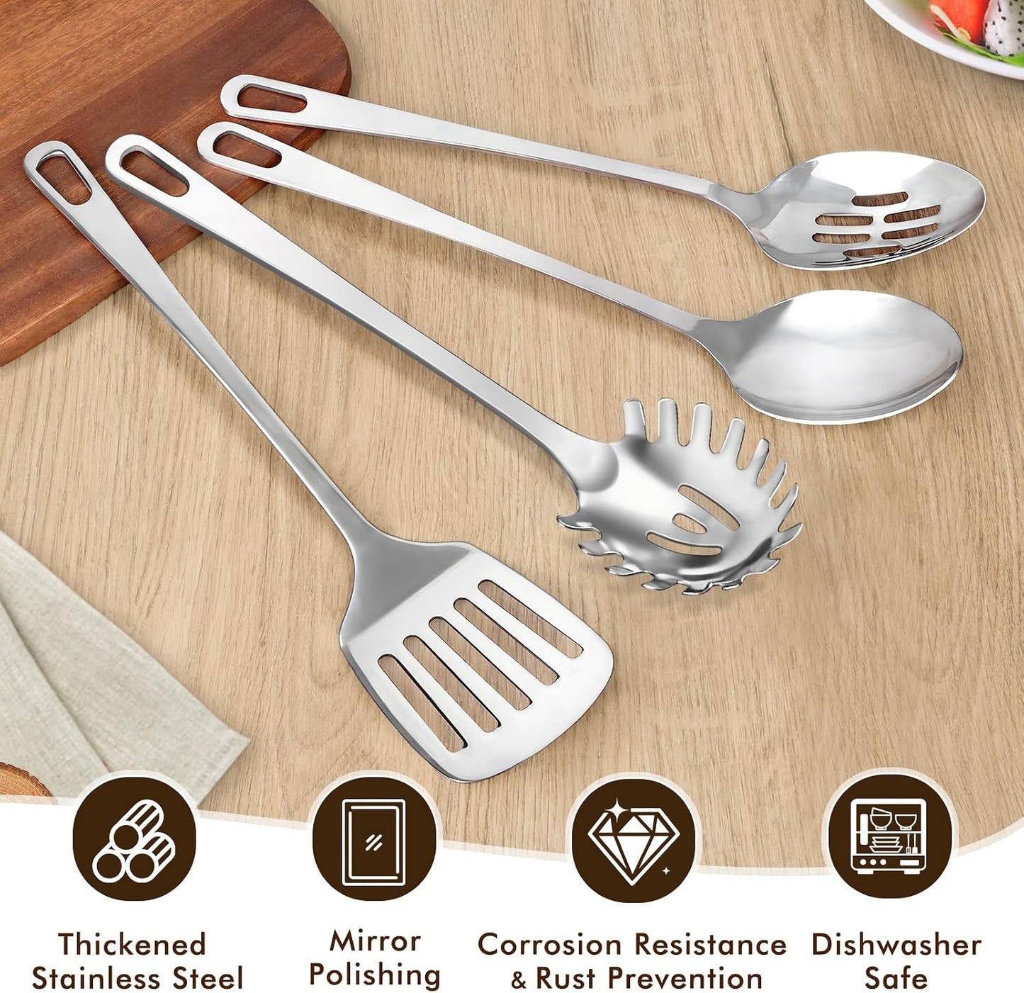 9 Pcs Cooking Utensils Set, Stainless Steel Kitchen Utensils, Heat Resistant Metal Kitchen Tools Include Solid & Slotted Spatula, Serving Spoon, Ladle, Pasta Server,Potato Maseher, Egg Whisk, Silver