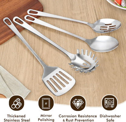 9 Pcs Cooking Utensils Set, Stainless Steel Kitchen Utensils, Heat Resistant Metal Kitchen Tools Include Solid & Slotted Spatula, Serving Spoon, Ladle, Pasta Server,Potato Maseher, Egg Whisk, Silver