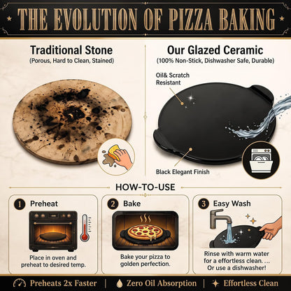 Geetery 14.5 Inch Glazed Ceramic Pizza Stone with Handles, Black