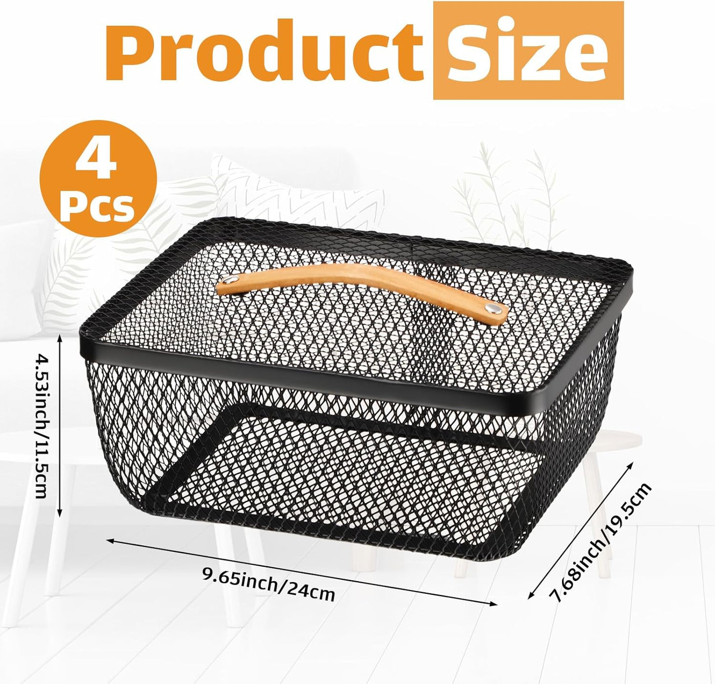Tandefio 4 Pcs Metal Mesh Basket with Lid and Wooden Handle 9.65 x 7.68 Inch Wire Storage Basket Garden Baskets Organizer Containers for Vegetable Fruit Picnic Kitchen Bathroom (White)