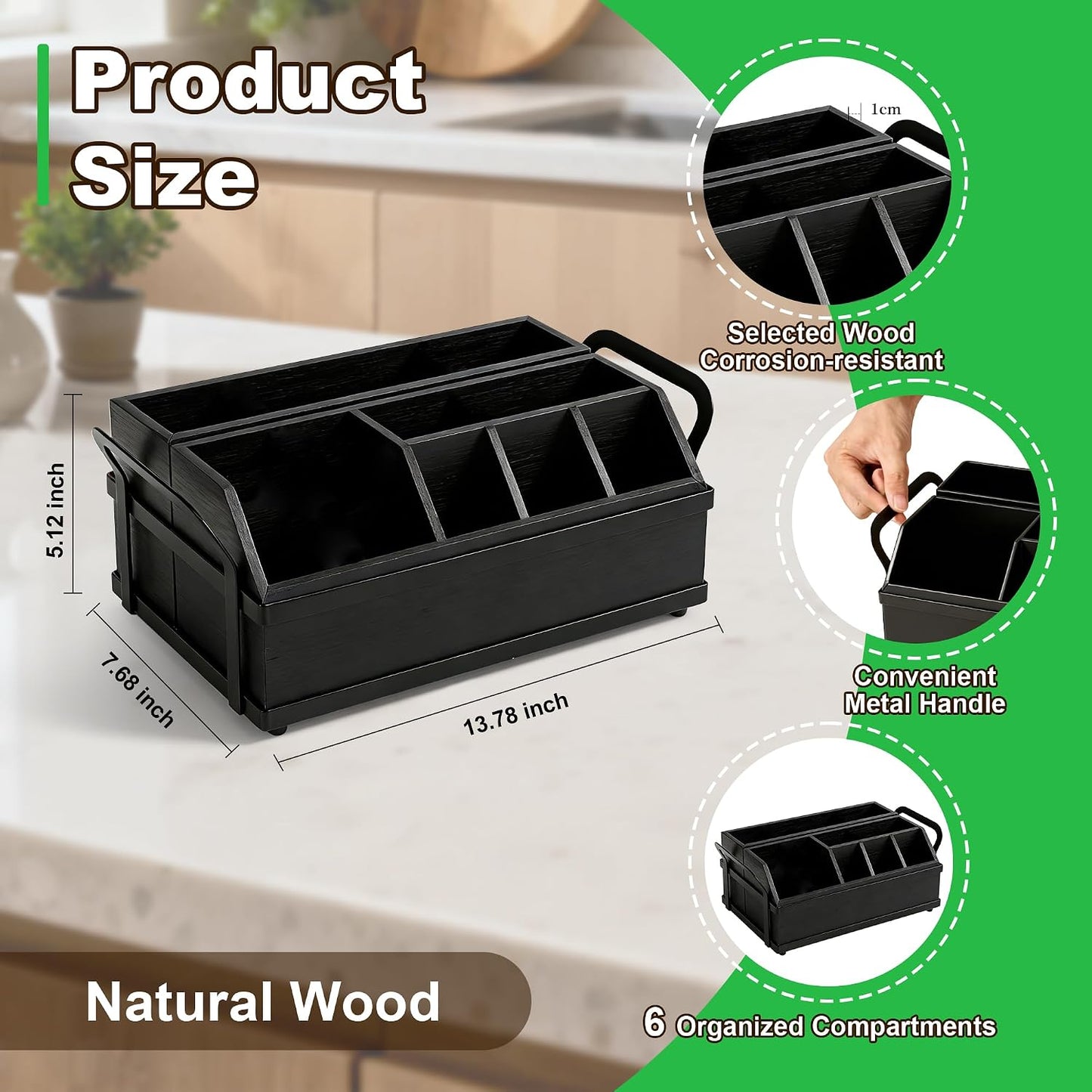 Large Kitchen Utensil Holder Caddy, 6 Compartments Wooden Utensils Organizer for Cooking Utensils, Silverware, Paper Plate, Spoon, Fork, Cutlery Storage on Kitchen Countertop for Party Hosting