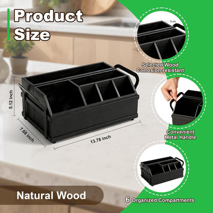Large Kitchen Utensil Holder Caddy, 6 Compartments Wooden Utensils Organizer for Cooking Utensils, Silverware, Paper Plate, Spoon, Fork, Cutlery Storage on Kitchen Countertop for Party Hosting