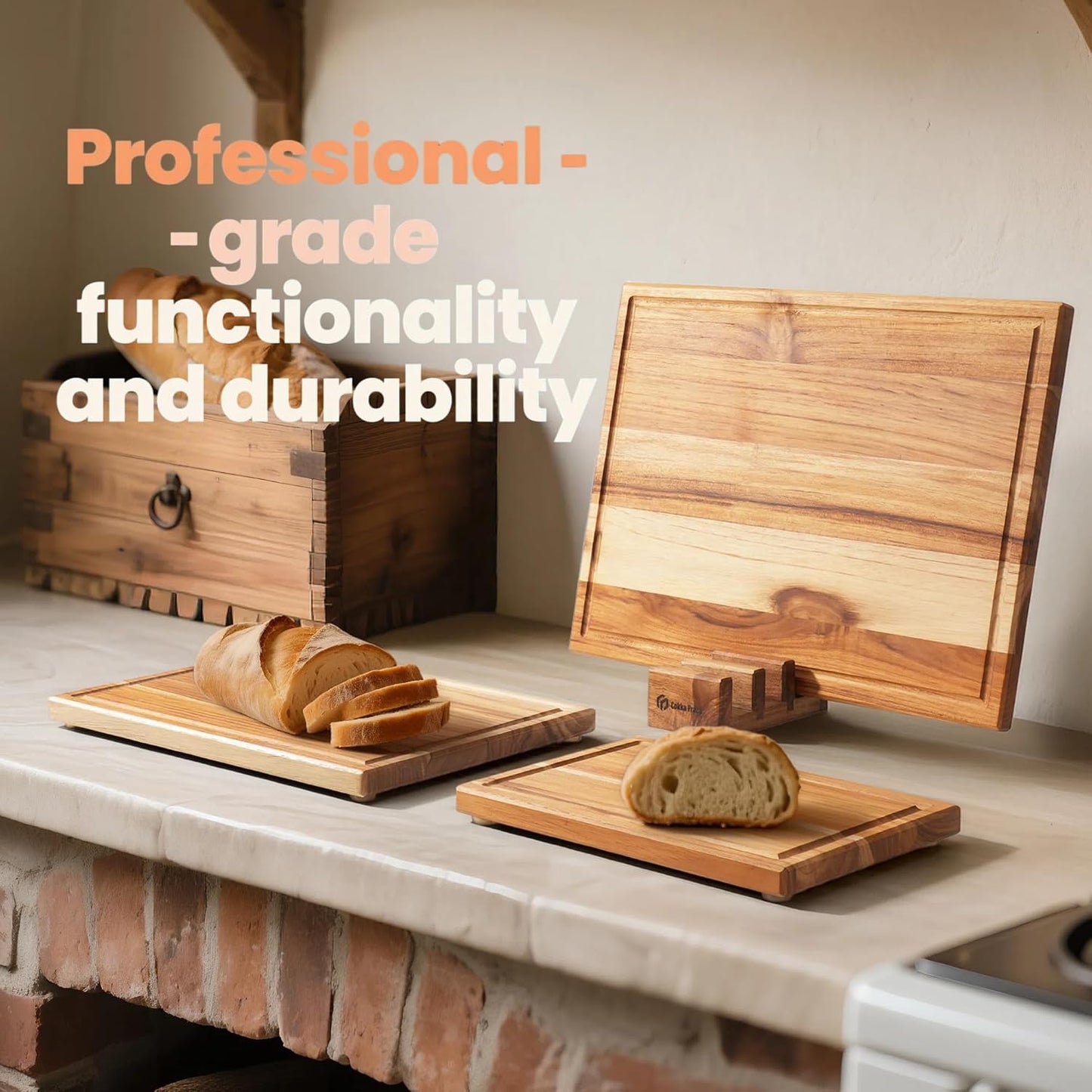 Acacia Wood Cutting Board Set with Stand | 3 Pcs Knife-Friendly Non-Slip Wooden Cutting Boards for Kitchen | 0.7″Thick Butcher Block | Large Solid Chopping Boards with Juice Groove