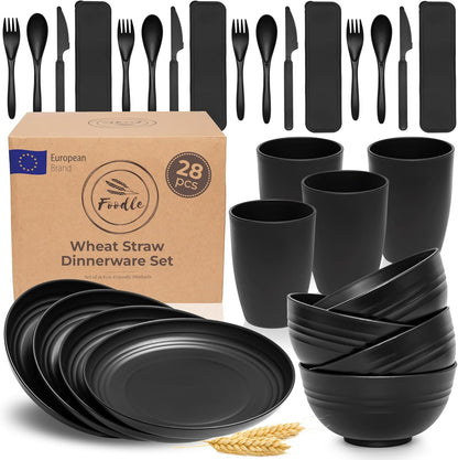 FOODLE Wheat Straw Dinnerware Set - BPA Free & Safety Tested - Microwave & Dishwasher Safe Dishes - Perfect for Camping, Picnic, RV, Dorm - Plates, Cups and Bowls - Great for Kids & Adults - For 4