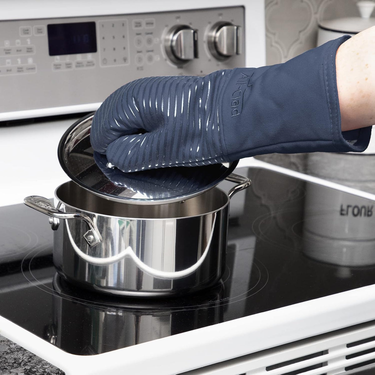 All-Clad Silicone Oven Mitts: Heat Resistant up to 500 Degrees - 100% Cotton & Silicone, 14"x7" Oven Mitt for Kitchen and Barbeque, Pewter