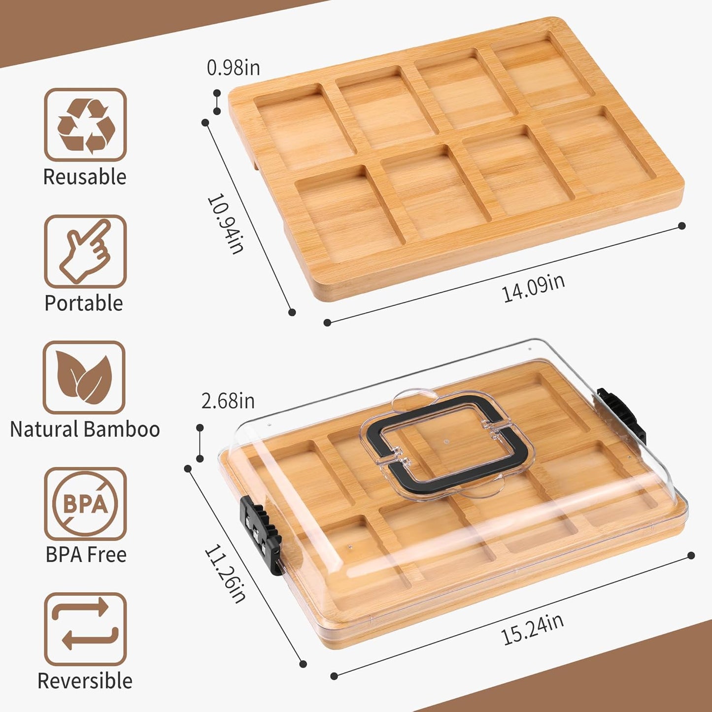 CAWIU Portable Travel Charcuterie Board with Lid and Handle - Large Bamboo Cheese Board with 4 Cheese Knife Set for Outdoor, Picnics - Weddings, House Warming Gift for Women (1 Compartment, White)