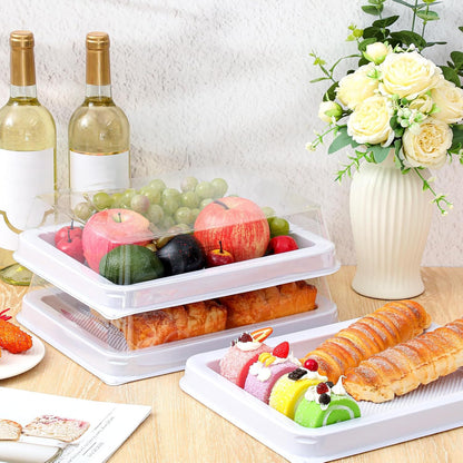 Tessco 12 Pcs Plastic Serving Trays with Lids Disposable Catering Trays 12.4 x 9.45 x 2.76 Inch Reusable Plastic Party Platters Charcuterie Board Box with Lids for Cookie Sandwich Christmas(Black)