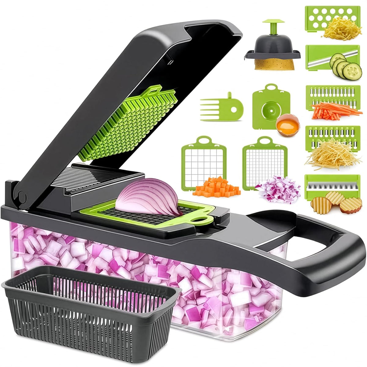 14-in-1 Vegetable Chopper with Container, 6 Blades & Finger Guard