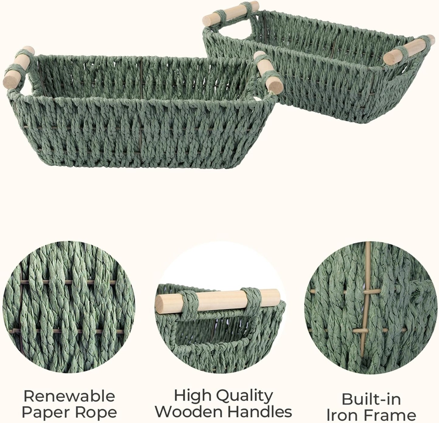 StorageWorks Hand-Woven Storage Baskets with Wooden Handles, Water Hyacinth Wicker Baskets for Organizing, 2 Pack