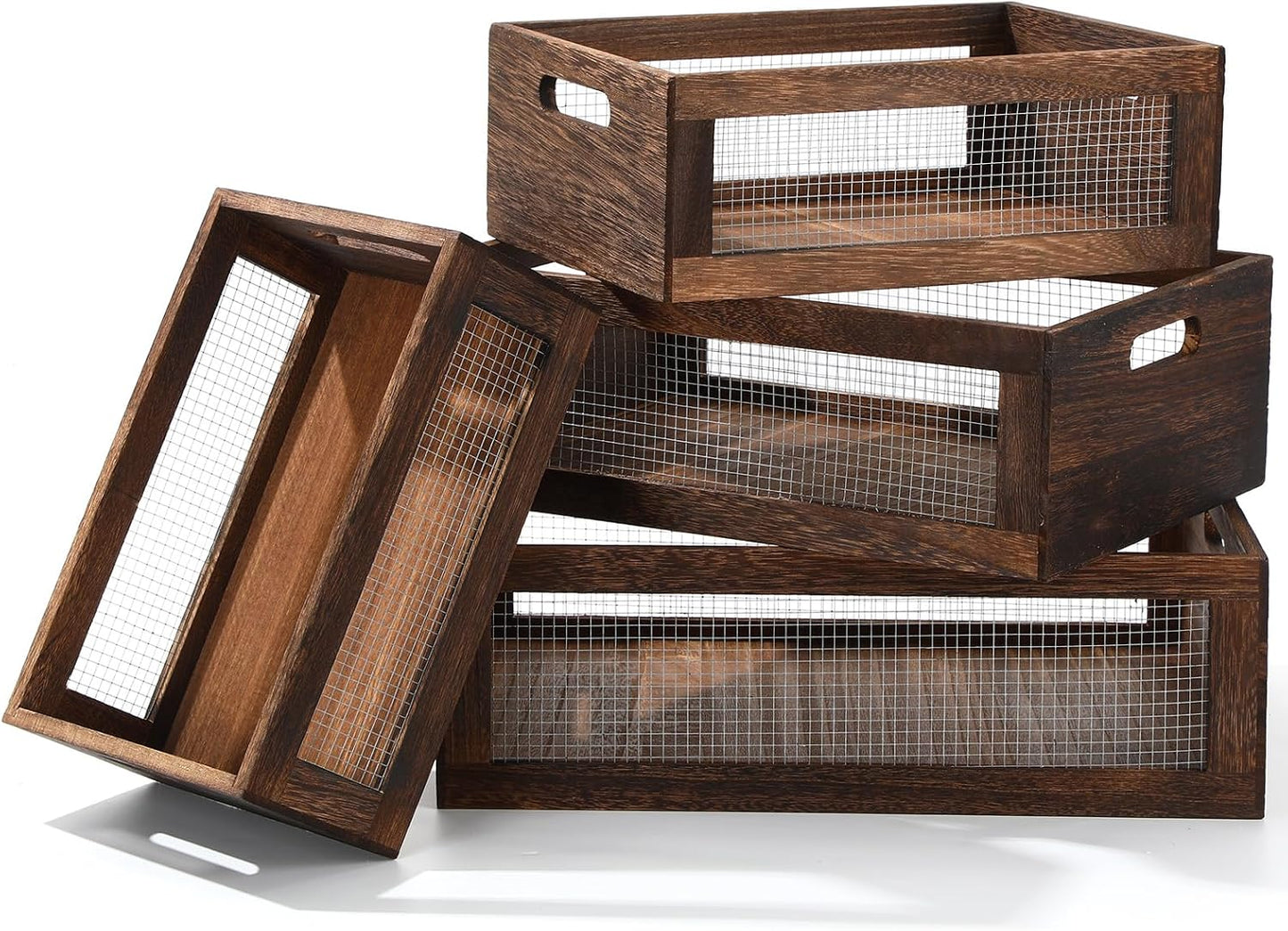 FillTouch 4 Pcs Wooden Nesting Countertop Baskets 4 Size Wooden Storage Box with Handle and Metal Wire Multipurpose Wood Organizer Crate for Fruit Vegetable Kitchen Cabinet Bathroom(Dark Brown,Small)
