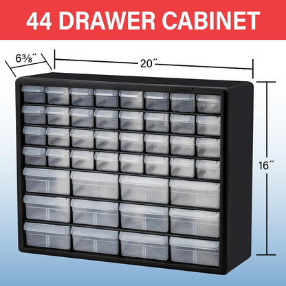 Akro-Mils 44-Drawer Plastic Drawer Storage Cabinet for Garage Organization, Bead Organizer, Building Bricks Storage, Teacher Toolbox, Makeup Organizer, 20" W x 6" D x 16" H, 10144 Black
