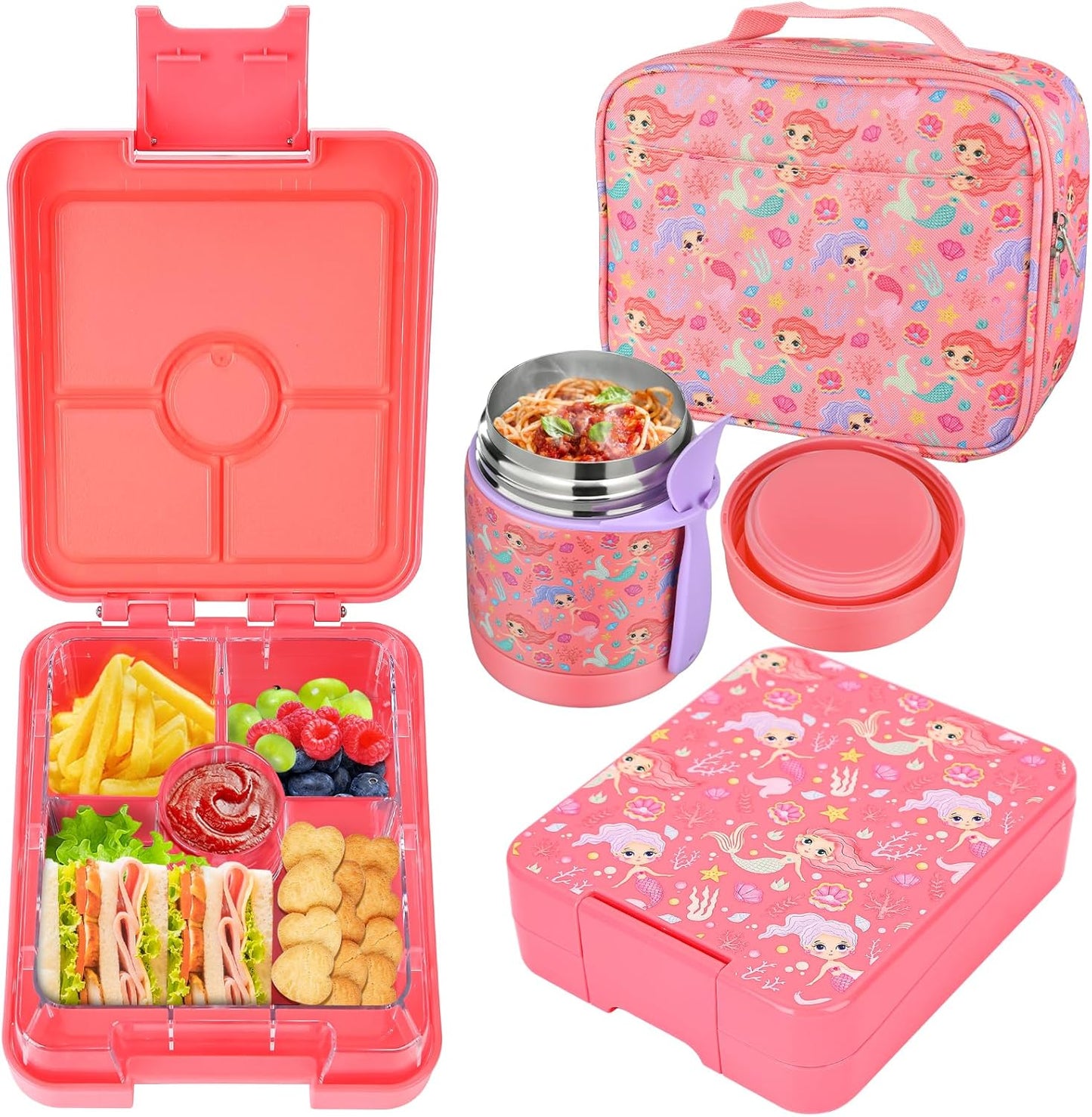 Bento Lunch Box Set for Kids with 10oz Soup Thermo, Leak-Proof Lunch Containers with 4 Compartment, Kids Thermo Hot Food Jar and Insulated Lunch Bag for Kid to School,BPA-Free(Dragon)