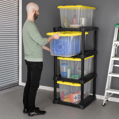 Sterilite 4-Pack 27 Gallon Industrial Storage Tote, Heavy-Duty Plastic Bins, Black/Yellow - Stackable Utility Organizers with Lids for Garage, Camping Tools, and Outdoor Gear