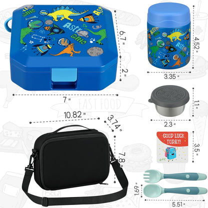 Itslife Bento Lunch Box Set for Kids with 12oz Soup Thermo&Lunch Bag, Leak-Proof Lunch Food Containers for Kids School, 5 Compartment, Sauce Cup, 10 Notes (Dinosaurs Black)