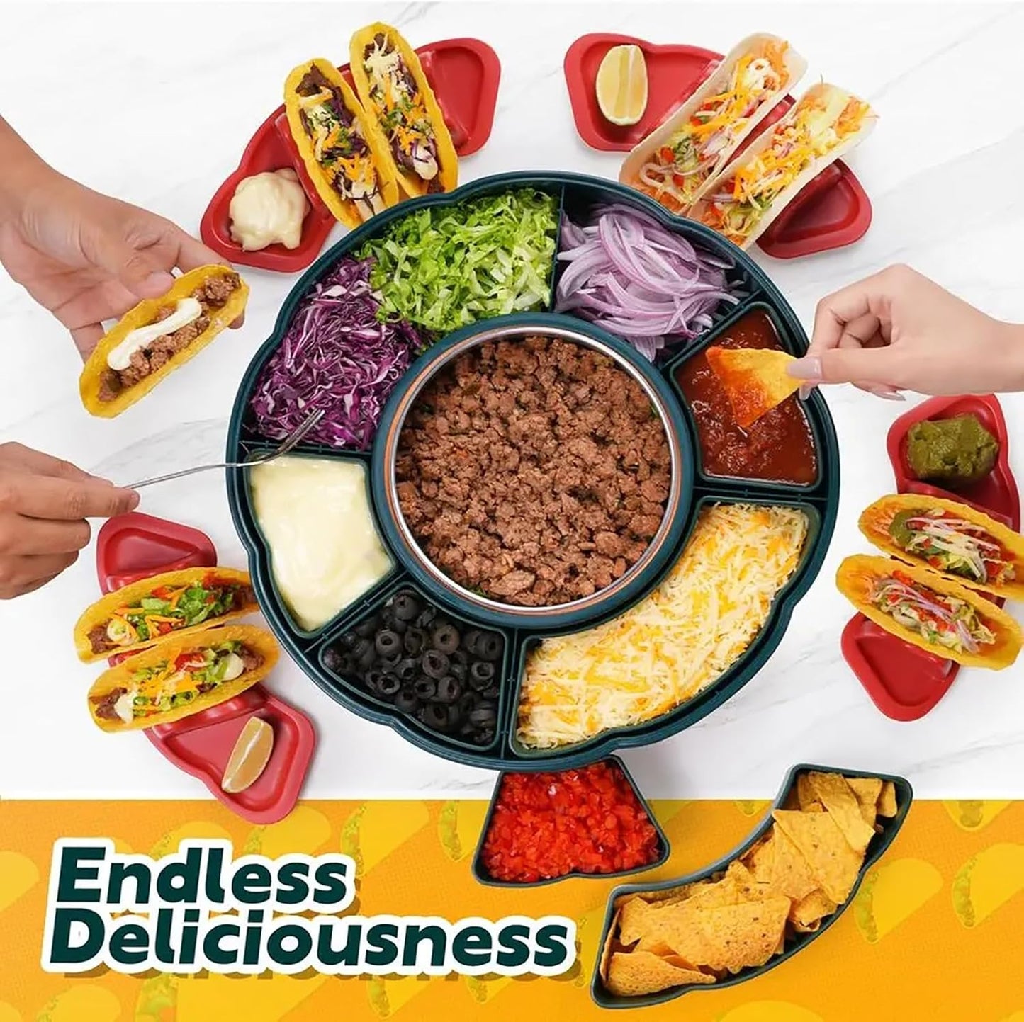 Taco Tuesday Kit, 33Oz Heated Pot Taco Bar Serving Set for A Party with 4 Taco Holders, & Detachable Lazy Susan Tray Unique Couple & Housewarming Gift Set Ideas
