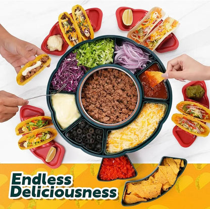 Taco Tuesday Kit, 33Oz Heated Pot Taco Bar Serving Set for A Party with 4 Taco Holders, & Detachable Lazy Susan Tray Unique Couple & Housewarming Gift Set Ideas
