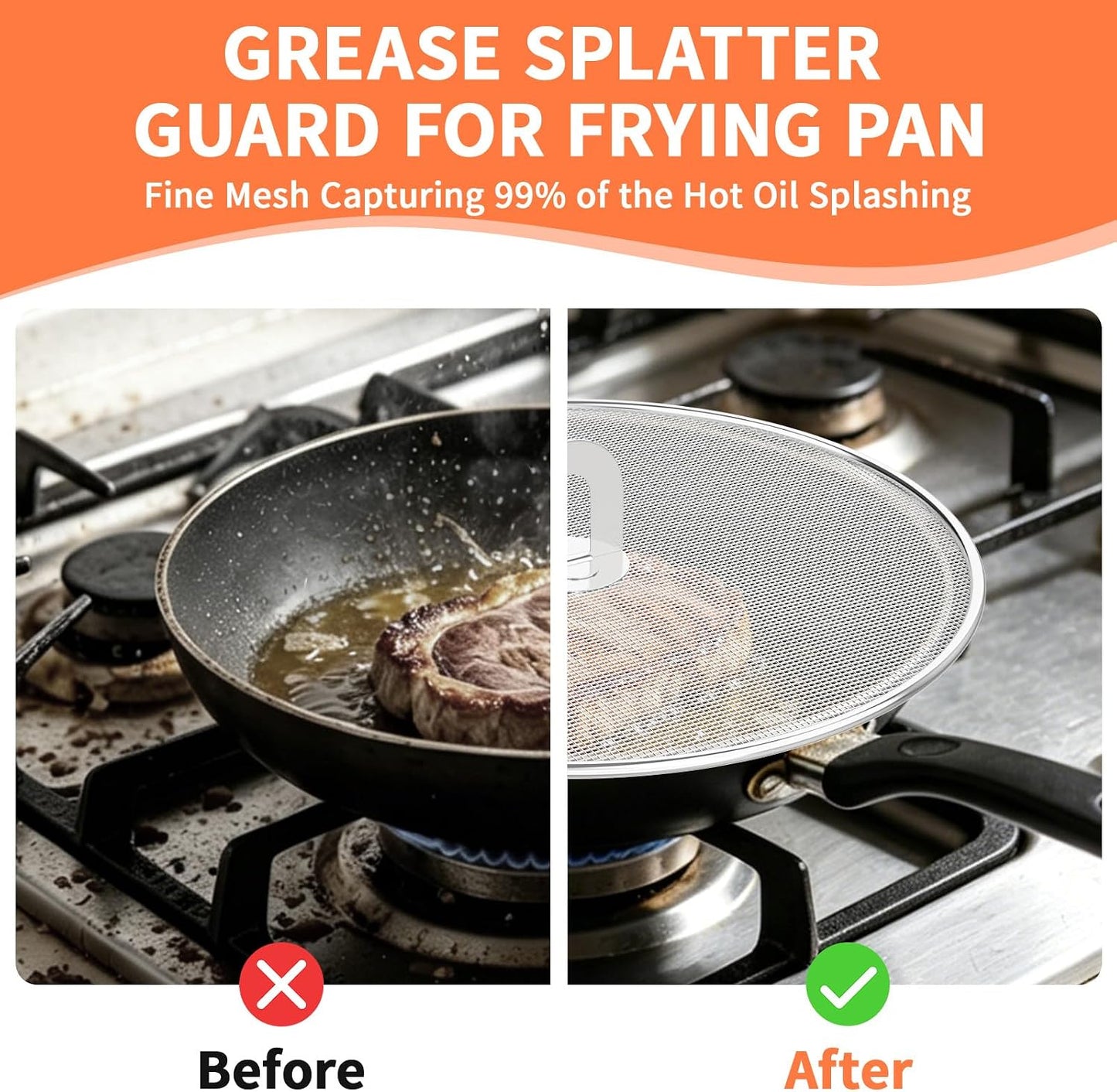 Splatter Screen for Frying Pan Set, 3 Pack 10"/11.5"/13" 304 Stainless Steel Grease Splatter Guard with Foldable Handle & Silicone Oven Mitts, Dishwasher Safe