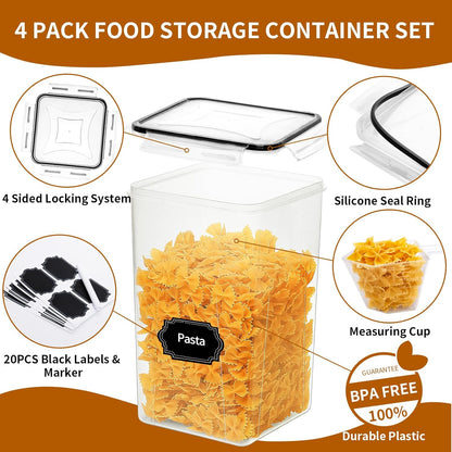 HKJ Chef 4 Pack Large Airtight Food Storage Containers with Lids (5.2L / 176oz), BPA Free Plastic Kitchen and Pantry Organization Contianers for Cereal Flour and Sugar Storage, Labels & Marker