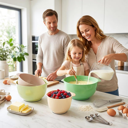 BoxedHome Nesting Plastic Mixing Bowl Set With Pour Spout, Microwave and Dishwasher Safe, BPA free Non-Slip Base, Set of 4 Size 1.7, 2.5, 3.5 and 4.5qt, Great for Prepping, Baking, Cooking (Dark Blue)