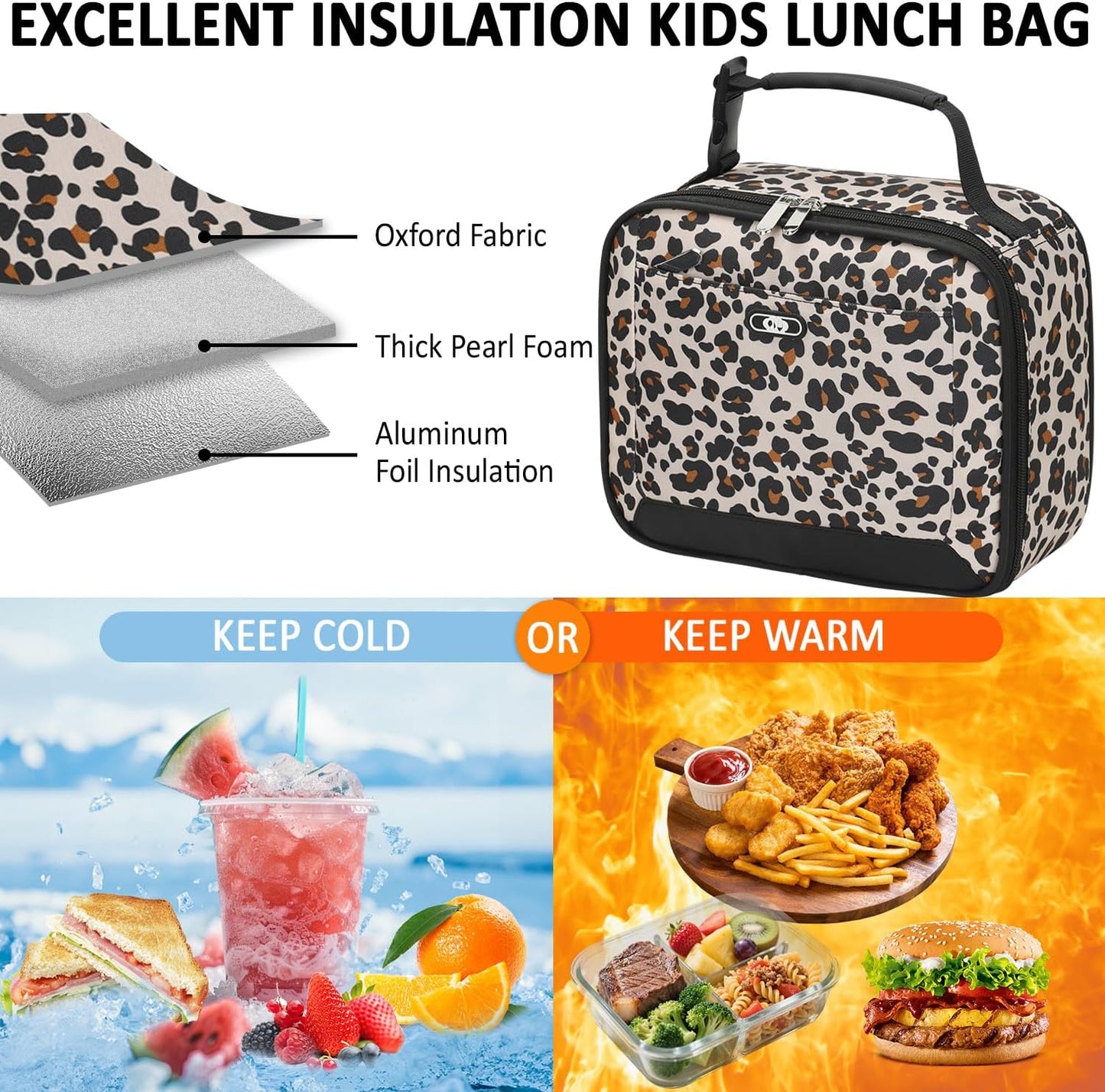 Lunch Box Kids Insulated Lunch Bag for Boys Girls Cute Reusable Lunch Tote Bag Waterproof Portable Thermal Lunch Box Kids for School Picnic Travel Black