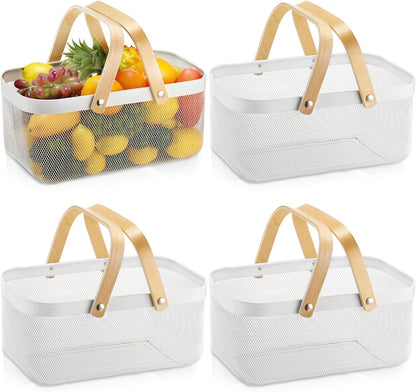 Sadnyy 4 Pcs Macaron Metal Wire Storage Basket with Handle Mesh Harvest Durable Vegetables Fruit Toy Basket for Garden Organizing, Kitchen, Countertop, Closet, Bedroom (16 x 9.8 x 7.1 Inch)
